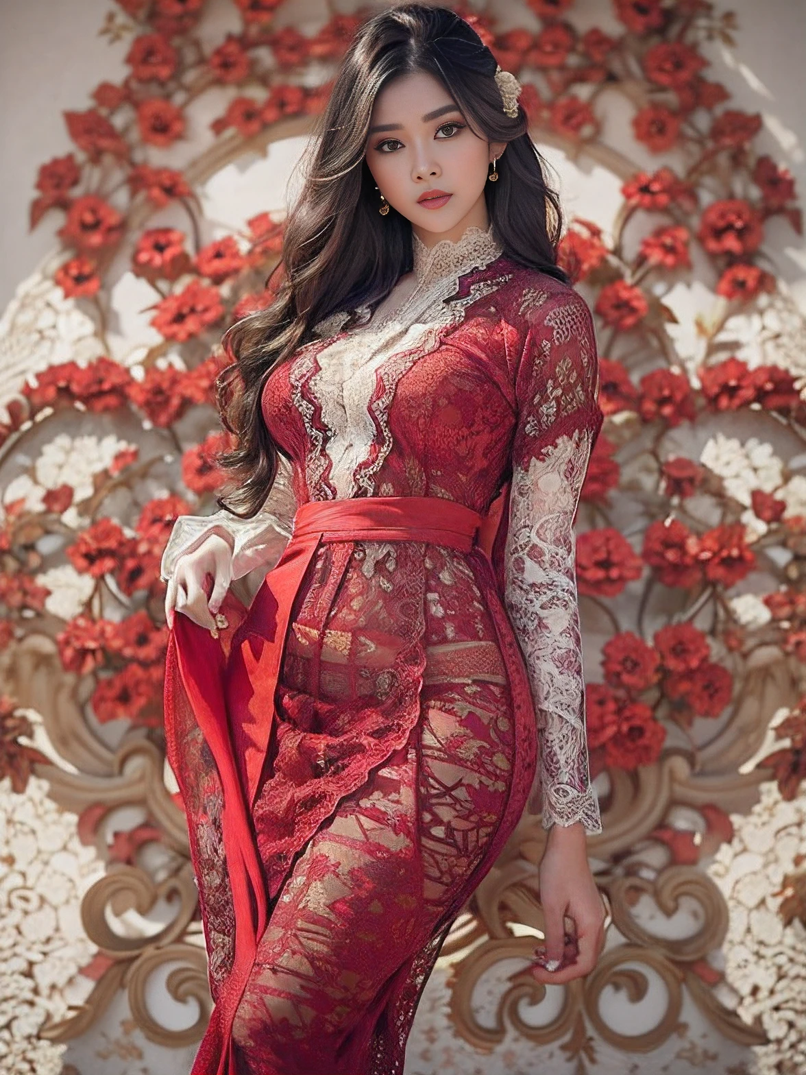 Photorealistic Production, (One Person), (Realistic Image of a 22 Years Old Female Model), big breast, Curvy Body (Pale Skin:1.4), batik lingerie (Wearing a red Ornated lace tight Kebaya Dress with Silk Cloth:1.6), (Serious Face), (Deep Cleavage), (Elegant Pose:1.4), Centered, (Waist-up Shot:1.4), From Front Shot, Insane Details, Intricate Face Detail, Intricate Hand Details, Cinematic Shot and Lighting, Realistic Colors, Sharp Focus, Ultra Detailed, Taken with DSLR camera, Realistic Photography, Incredibly Realistic Environment and Scene, Master Composition and Cinematography, hair behind ear, hair over eyes, long hair, Depth of Field, first-person view, atmospheric perspective, Masterpiece, balinese temple