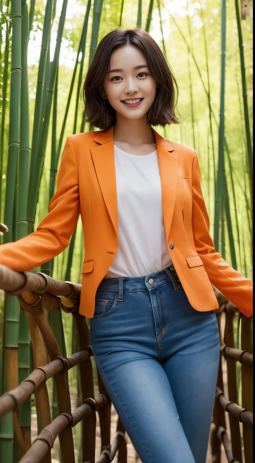 On a vibrant autumn afternoon，Figure 1 is from the highest quality 8K masterpiece.3，Shows a 19 year old girl。She is wearing an orange blazer and skinny jeans，Sitting quietly in the bamboo forest。Sunlight shines through mottled bamboo leaves，A layer of soft light and shadow enveloped her body。Her skin looks fairer in the sun，Contrast with orange blazer。 From this point of view，we can see the girl&#39;of the whole body。She is slim and healthy，This sportswear suits her figure very well，show her energetic image。Her legs spread naturally，Cross your hands at your waist，appear confident and powerful。 That girl&#39;The eyes are bright and determined，smiling and looking into the camera，It seems to be telling a story about struggle and hard work.。Her smile is like the autumn sunshine shining in the bamboo forest，Make people feel the vitality of youth and vitality of life。in this picture，We seem to feel her inner determination and love for life。 Surrounded by dense bamboo forest，Abundant greenery，The river is gurgling，Create dynamic scenes with girls。This scene is like a passionate poem，Telling about the beautiful time in autumn afternoon。