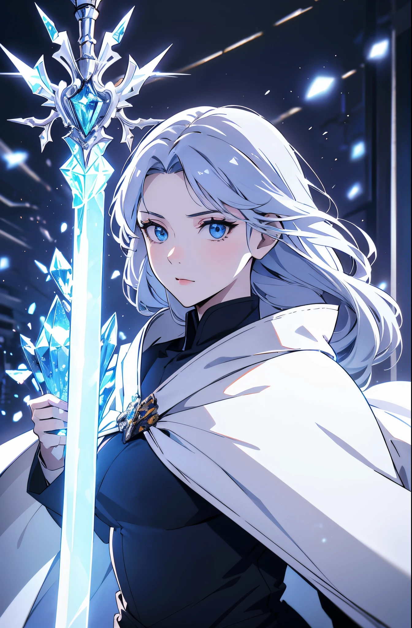 a woman, young, 19 years old, swordsman, long white hair, skin as white as snow, cold look, blue eyes like crystal, black clothes, white robe, cape, holding a crystal sword, earring in her ear, background with blue lights .