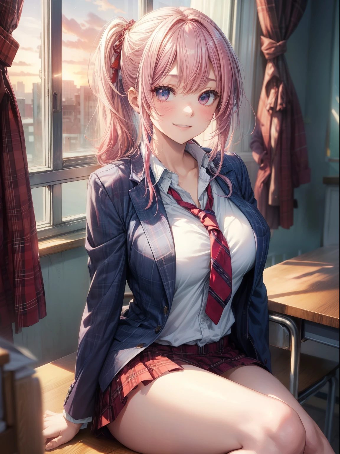 top-quality、Full limbs、complete fingers、one beautiful women、Beautiful Large Breasts、poneyTail、Pink hair、((Dark blue blazer))、White Y-shirt、Red tie、Red plaid miniskirt、A big smile、schools、‎Classroom、Sunset through the window、Naughty Poses、Sit with your crotch open、White panties