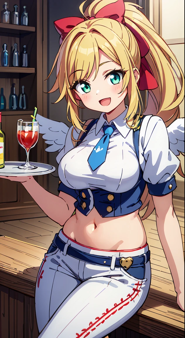 (Absurd realistic structure details),(High resolution complex and detailed text quality),(High resolution meticulous microstructure Hipoly3D rendering modification),geometric perspective,Careful description anatomy, BREAK, 1 beautiful girl, 1 beautiful girl, girl with, (Cute:1.5),(Chibi:0.5),(kawaii:2.0),(Lori:2.0),(12 year old girl),(large full breasts:1.65),(Ahoge,High Ponytail,Blonde hair, blue bow, Green eyes,eyebrows visible through hair,side locks,Parted bangs,Long hair, Hair Flower, Hair Ornament, Curly hair,Bow:1.4),:D,(Angel,White feathers, one white winged, Angel wings,Spread wings, Glowing wings),pitt \(??? Icarus\),gleaming skin, Clear skin, shining beautiful skin, Open mouth,Smile, Solo, tusk, Upper teeth,(long eyelashes, Double eyelids:1.2),Solo,gleaming skin, Clear skin, Beautiful skin,(best quality face),(Top quality glowing eyes),(The best smile,:D:1.45),


BREAK (Bartender attire,vests,neck tie,Pants) (very precise embroidery:1.3), (fluffy fur:1.3), (necklace made of countless gemstones:1.2), (high-heels:1.1),

BREAK 
(Red flower ornament:1.2), 

BREAK, (Holding the tray in your hand),鎖骨,Hair intake, Hand up, Navel, Parted lips, Solo, Stomach,architecture, (a bar counter,Bar Counter Table,display alcohol bottles)Backlighting,Waterfall,depth of fields,       BREAK,(Blurry background:1.3),(absurderes, hight resolution, Super Detail Art),cel shading,Clear Color, Lonely optical effect, Beautiful pictures, Bright glow, mystic atmosphere,(Close-up of girl:1.1), Mystical light particle effect,manga influence, clean line drawings,