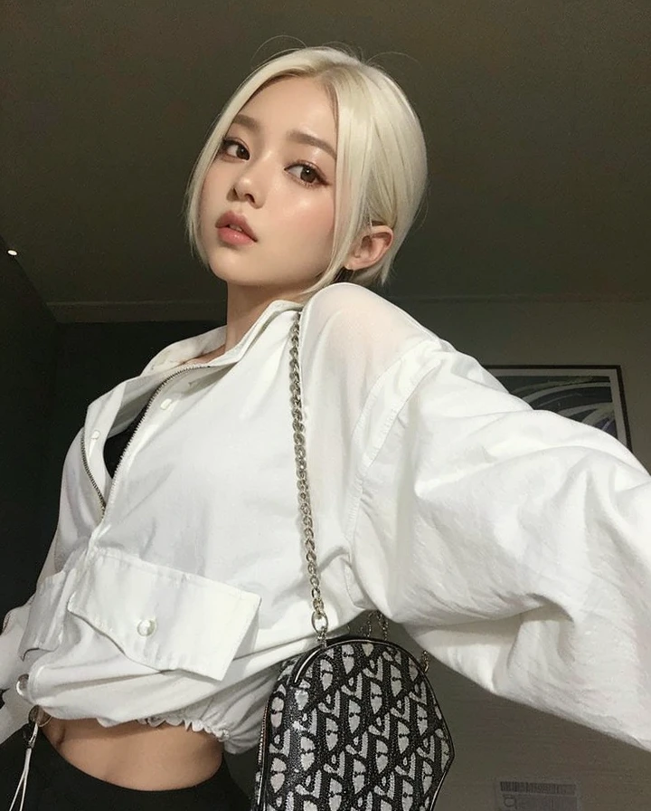 araffed woman with white shirt and black purse posing for a picture, cl, her hair is white, roseanne park of blackpink, heonhwa choe, ulzzang, sun yunjoo, jossi of blackpink, white hime cut hairstyle, korean girl, girl with short white hair, jinyoung shin, with short bobbed white hair, profile pic