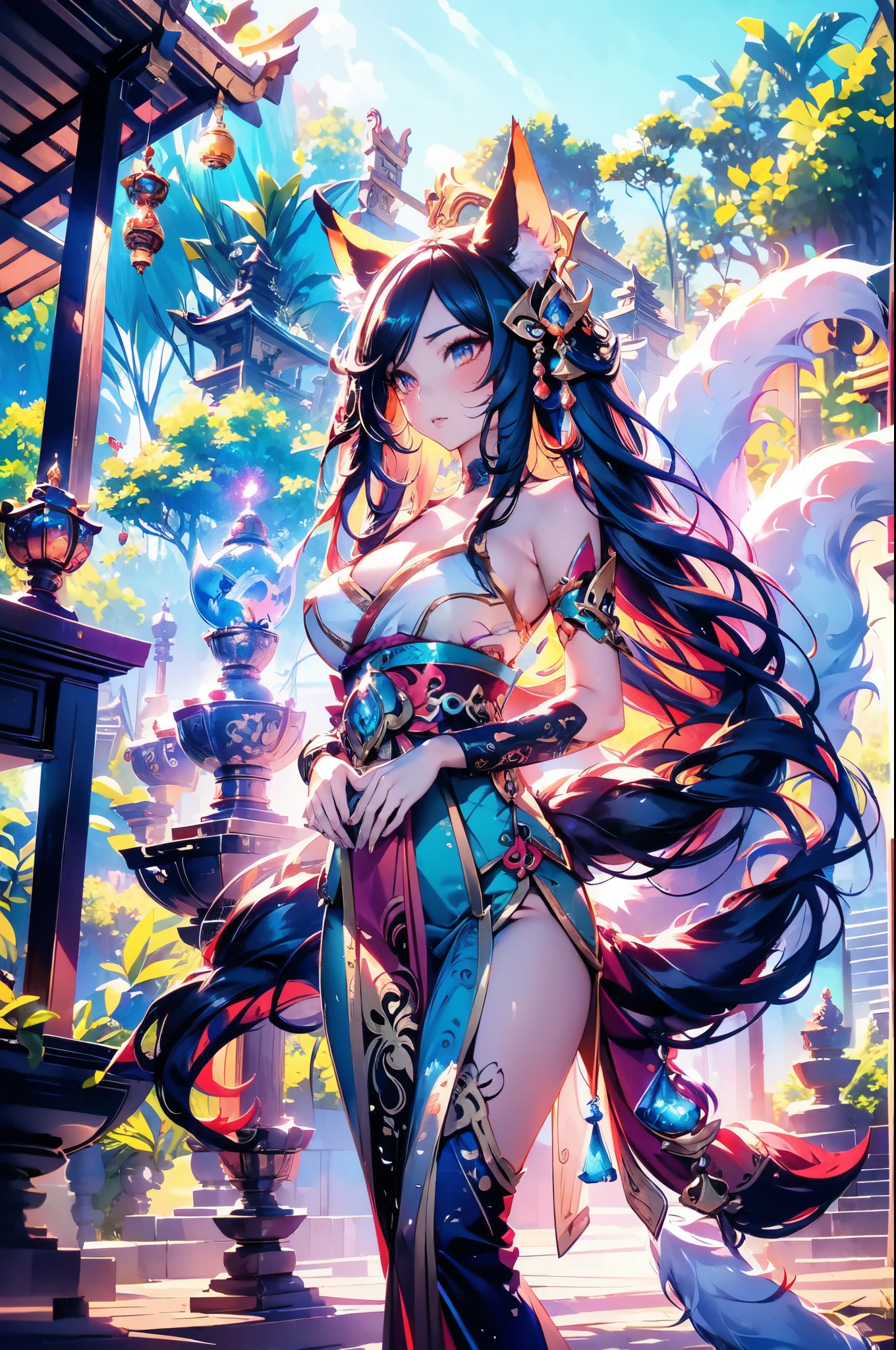 masterpiece, concept art, close up shot, ahri \(league of legends\), nine tailed fox, kebaya_bali blue, cute, standing, (portrait), Bali temple background, epic composition, epic proportion, HD