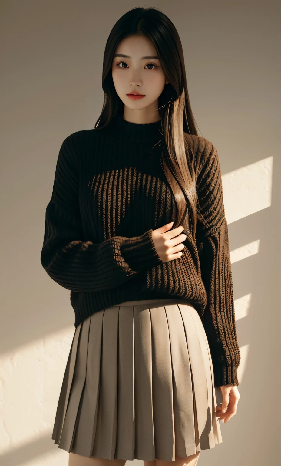 pleated skirt, knitted clothing, beautiful girl model, (Natural skin texture, hyperrealism, Soft light, edgy), 1 Girl, Natural facial expressions, asian girl with long hair, beautifull face