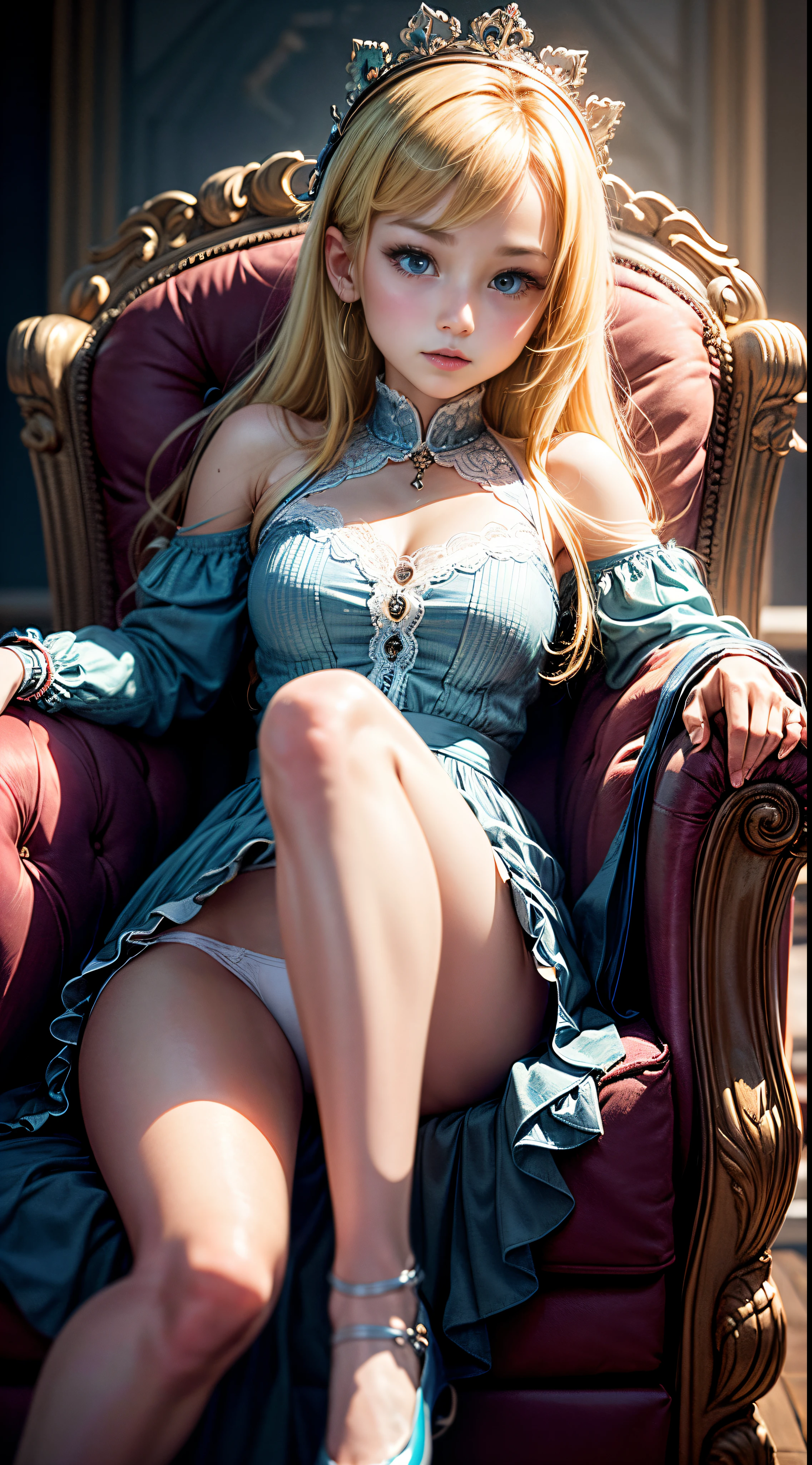 masutepiece、An ultra-high picture quality、Super distinct、8K、perfect anatomia、Very high saturation、(Realistic:1.1)、One Princess、child,s girl、 Yellow hair, 10 yautiful, Princess、Innocent, Blue eyes, rococo dress,Inside the palace、Sitting in a plush armchair、(long skirt:1.3)、(I can see panties:1.3)、Sitting with both knees up、()、ultra definition panties、Cotton panties、Children's body shape、Thighs open,white panties