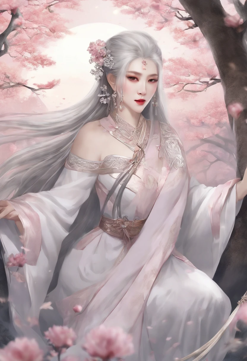 tmasterpiece, The best, the night, moon full, 1 female, Mature woman, Chinese, Ancient China, Sister, Imperial sister, Grim, face expressionless, Silver white long haired woman, pale pink lip, dispassionate, intelligentsia, tribelt, Gray pupils, assassins, daggers, flower ball background, streetview