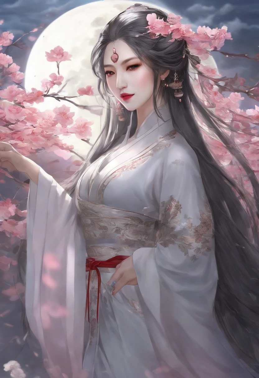tmasterpiece, The best, the night, moon full, 1 female, Mature woman, Chinese, Ancient China, Sister, Imperial sister, Grim, face expressionless, Silver white long haired woman, pale pink lip, dispassionate, intelligentsia, tribelt, Gray pupils, assassins, daggers, flower ball background, streetview