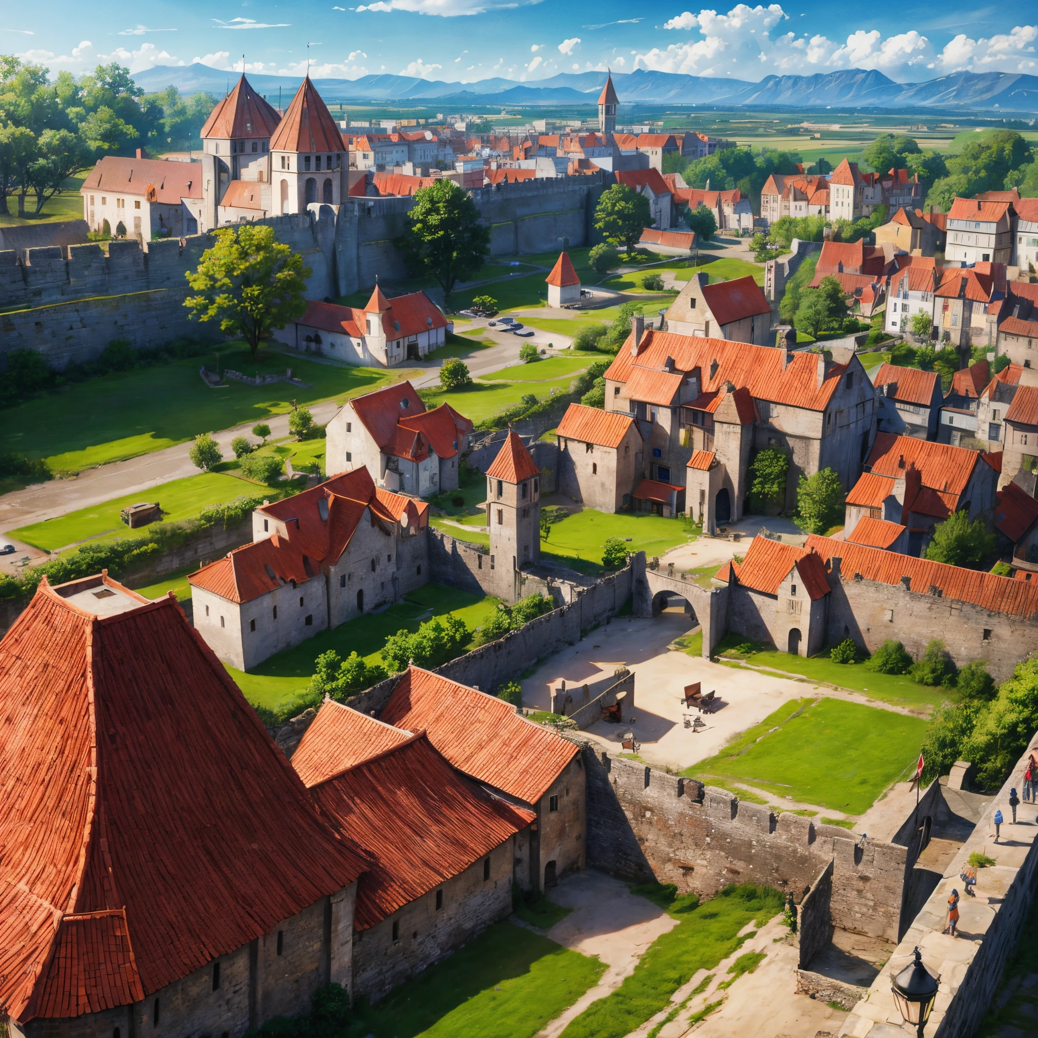 Medieval village with surrounding walls rebuilt by its peasants after a bloody battle