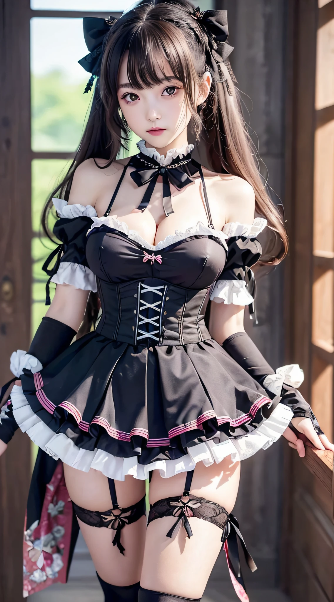 (a closeup:1.4)、(RAW shooting:1.2)、(Photorealsitic:1.4)、(masterpiece:1.3)、(top-quality:1.4)、one girls、(Slender and beautiful girl)、kawaii、(middlebreast:1.2)、(cleavage of the breast)、(erectile nipple:1.2)、(FULL BODYSHOT)、in 8K、(masutepiece:1.2)、(bow ribbon、flered skirt、knee high socks:1.3)、Look at viewers、blush、ribbon bondage、(beautifull hands)、(beautiful thigh)、(Twin-tailed:1.2)、(gothic lorita:1.3)、Cute、