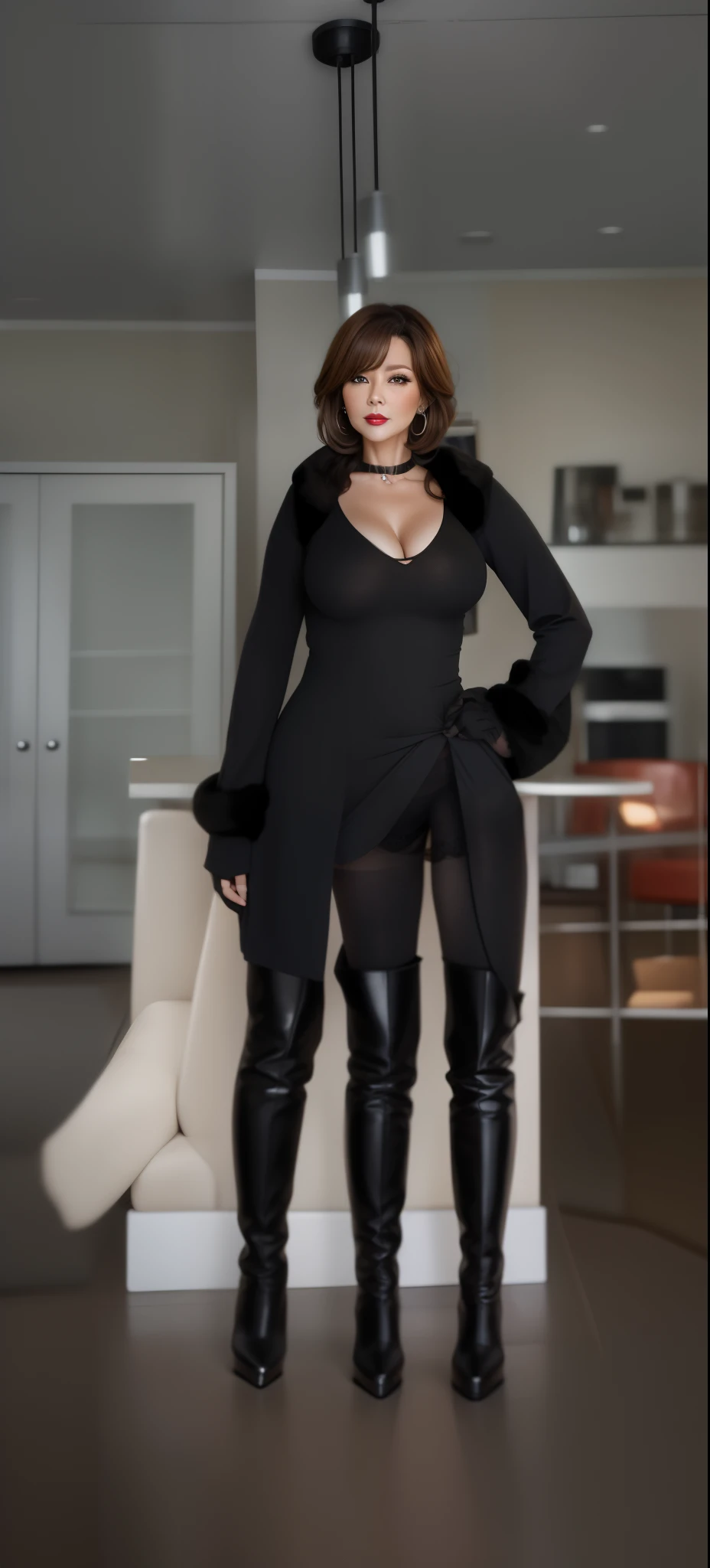 2 heads,Photo of a 50-year-old woman with brown hair, a captivating gaze, Brown eyes, Wrinkles on her face, Black pantyhose,Black High Heel Boots,She wears very sexy lingerie underwear、、Revealing her large sagging breasts, Light makeup and red lips. 32K