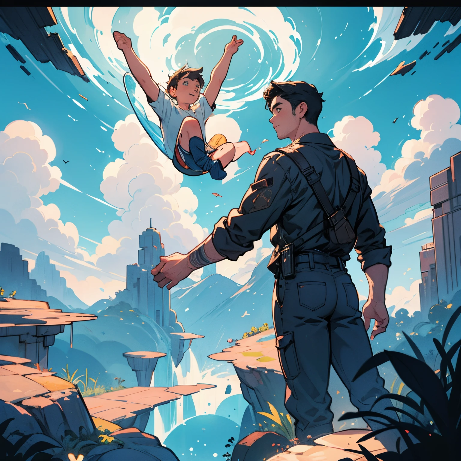 masutepiece, Best Quality, Movie Still, two male, Floating in the sky, Cloud guy, cloud, Fun, Soft lighting, (Bauhaus, shapes, lines, Abstract:1.1)