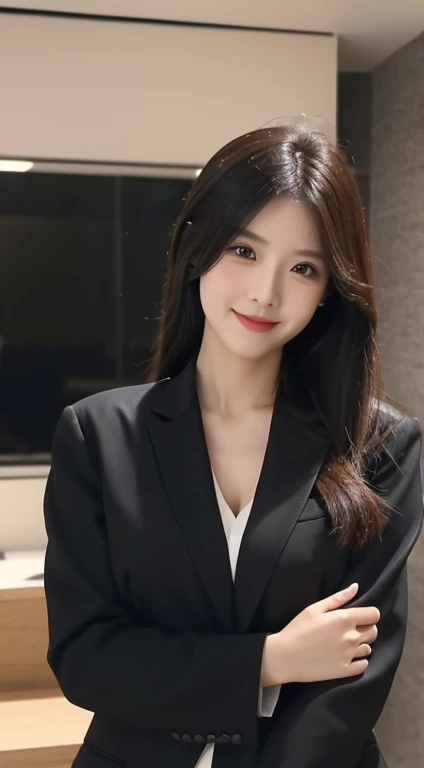 Best quality, 4K, tmasterpiece, The content is very detailed, high detal, Elegant office girl,Wearing a smart black suit,Smile at the camera,Nikon 750