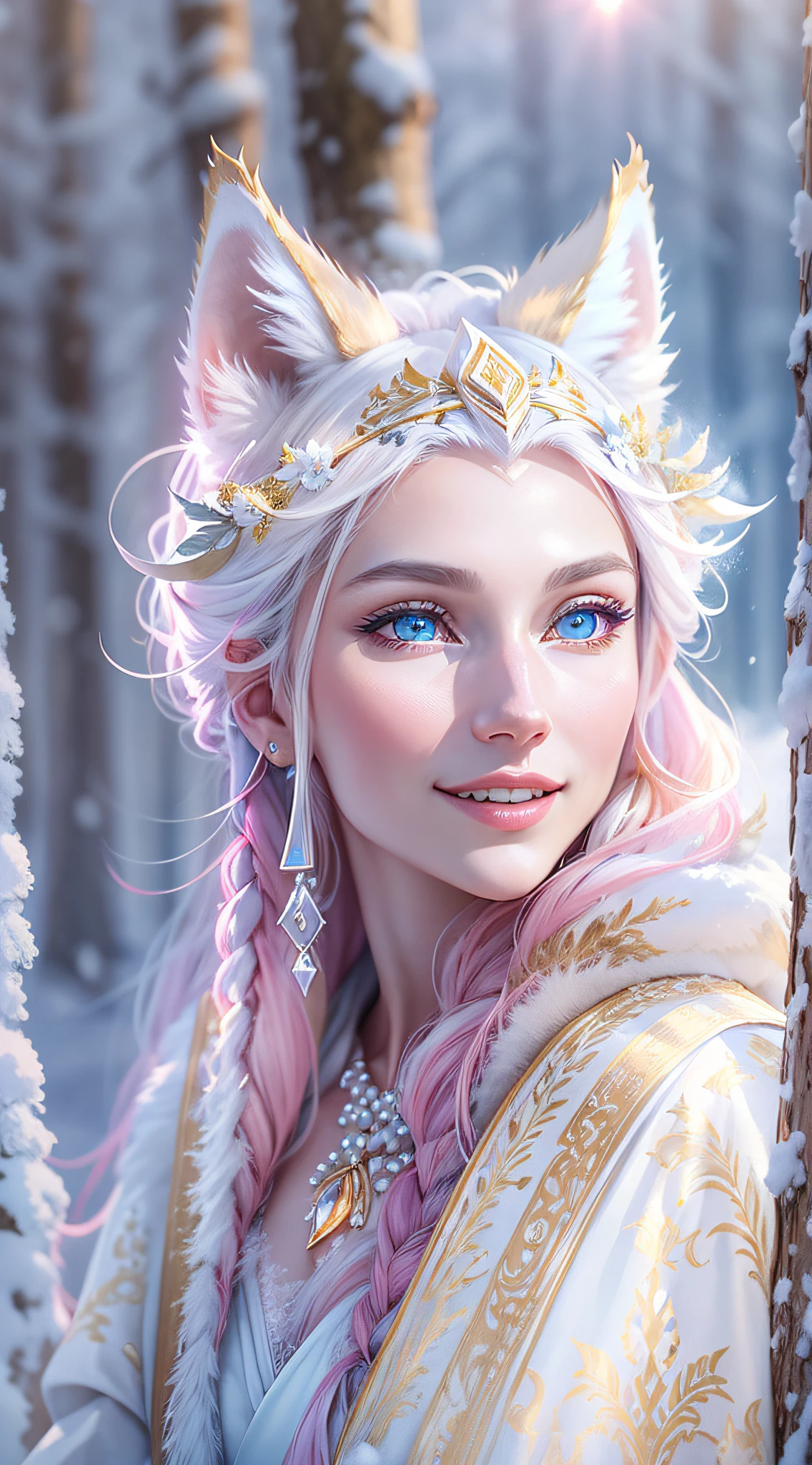 White Wolf Woman, pretty, Smiling, wolf ears, pearl silk, shining blue eyes, around a snow-covered grove in the sun'rays, Ultra-detailed, hyper realisitc, Masterpiece, Doubleexposure, looks strictly into the distance, morning frost, golden pink tones