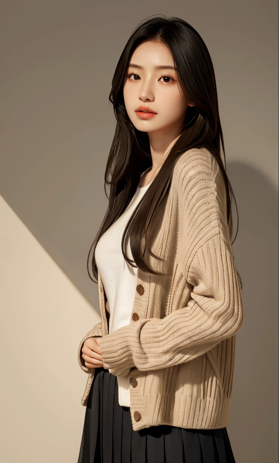 pleated skirt, knitted clothing, beautiful girl model, (Natural skin texture, hyperrealism, Soft light, edgy), 1 Girl, Natural facial expressions, asian girl with long hair, beautifull face
