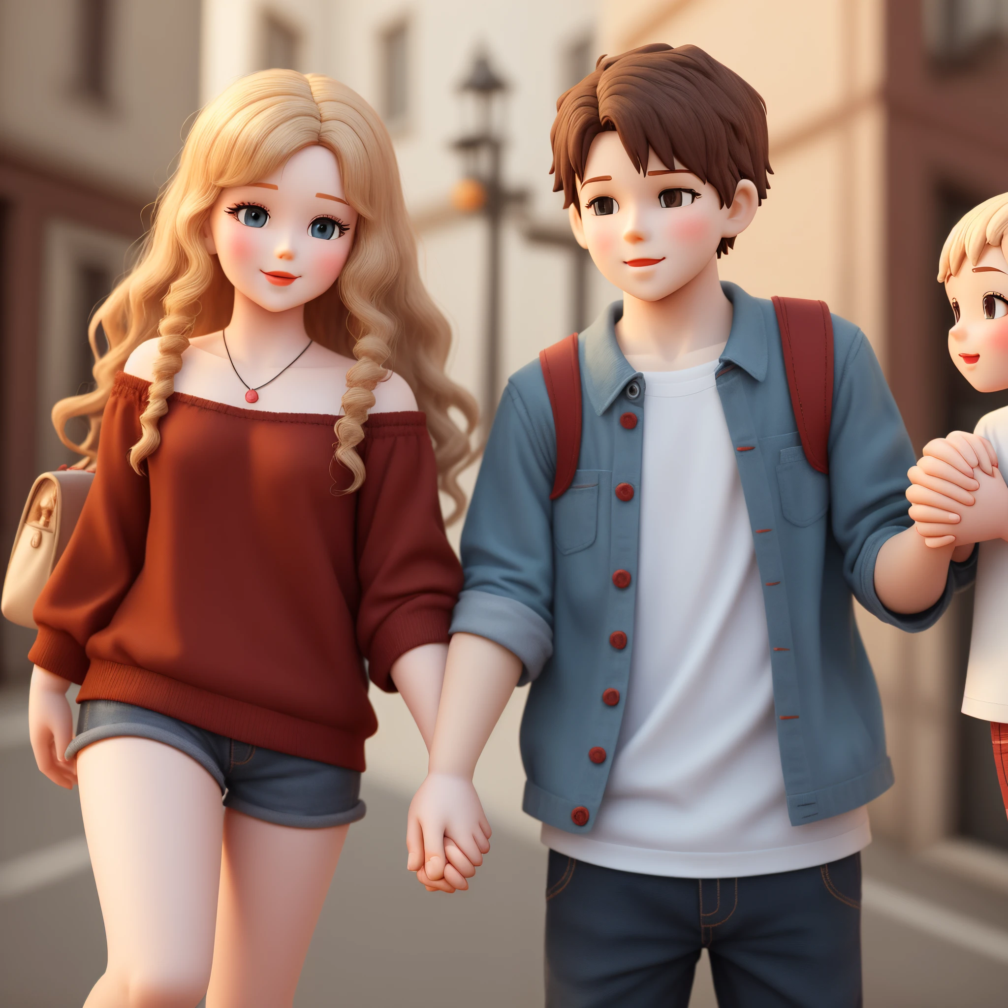 Cute lovers girl holding hand of boy 3d dolls cartoon with high resolution and hd image cute background
