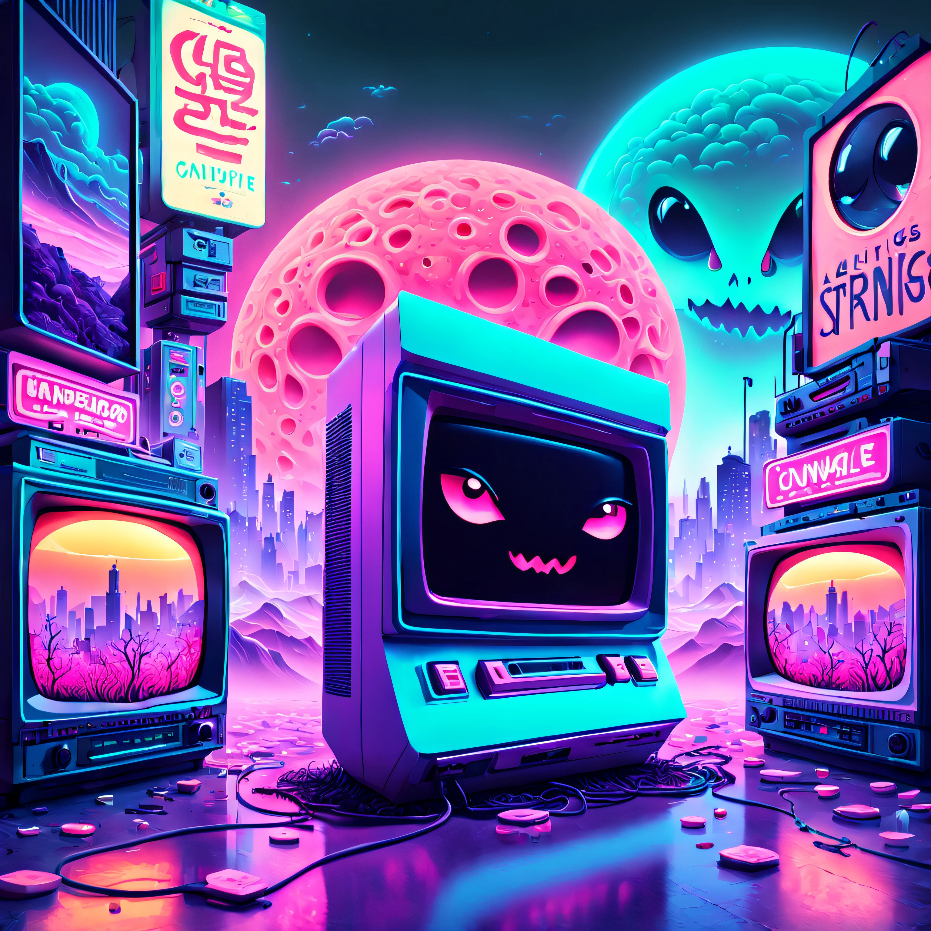 (best quality,4k,8k,highres,masterpiece:1.2),ultra-detailed,(realistic,photorealistic,photo-realistic:1.37),vaporwave horror movie,cute,portraits,retro,neon colors,hauntingly beautiful lights,bright and vibrant tones,distorted aesthetics,creepy yet adorable characters,eye-catching glitch effects,hallucinatory atmosphere,dark shadows,evocative surrealism,3D rendered dreamscapes,mind-bending visuals,futuristic scenery,unsettlingly charming creatures,blood moon rising in the background,misty and mysterious pastel clouds,psychedelic patterns and shapes,nostalgic cassette tapes and floating televisions,bizarre inanimate objects coming to life,cute little ghosts with glowing eyes,dripping neon signs spelling out strange messages,surreal creations mixing horror elements with an endearing charm,vibrant plants and flowers with an otherworldly twist,whimsical animals with twisted features,distorted reflections in a neon-lit cityscape,hauntingly beautiful yet unsettlingly serene moments,parallel universe merging horror and cuteness,unexpected twists and turns in a vivid and mesmerizing dream world,vaporwave aesthetics colliding with the eerie essence of a horror movie.