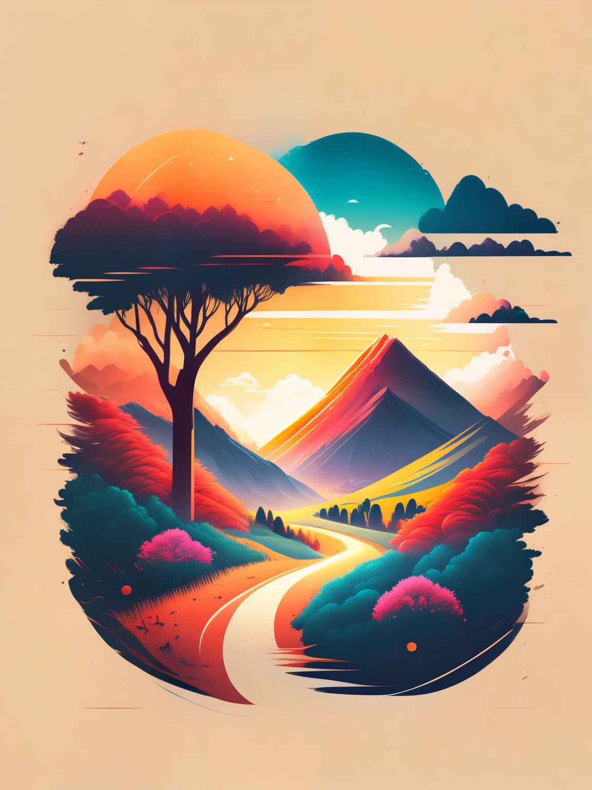 "movimento, Summer landscape, design de camiseta, no meio da jornada, arte vetorial, hidro74"