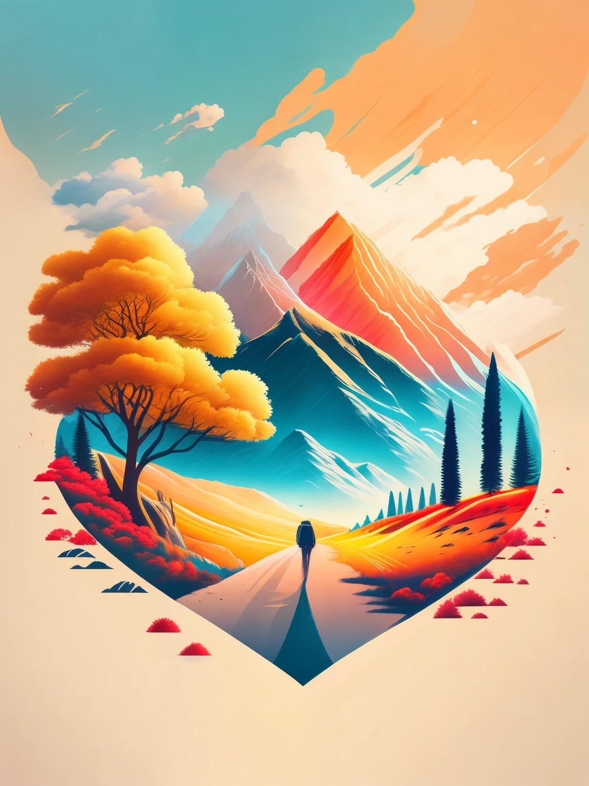 "movimento, Summer landscape, design de camiseta, no meio da jornada, arte vetorial, hidro74"
