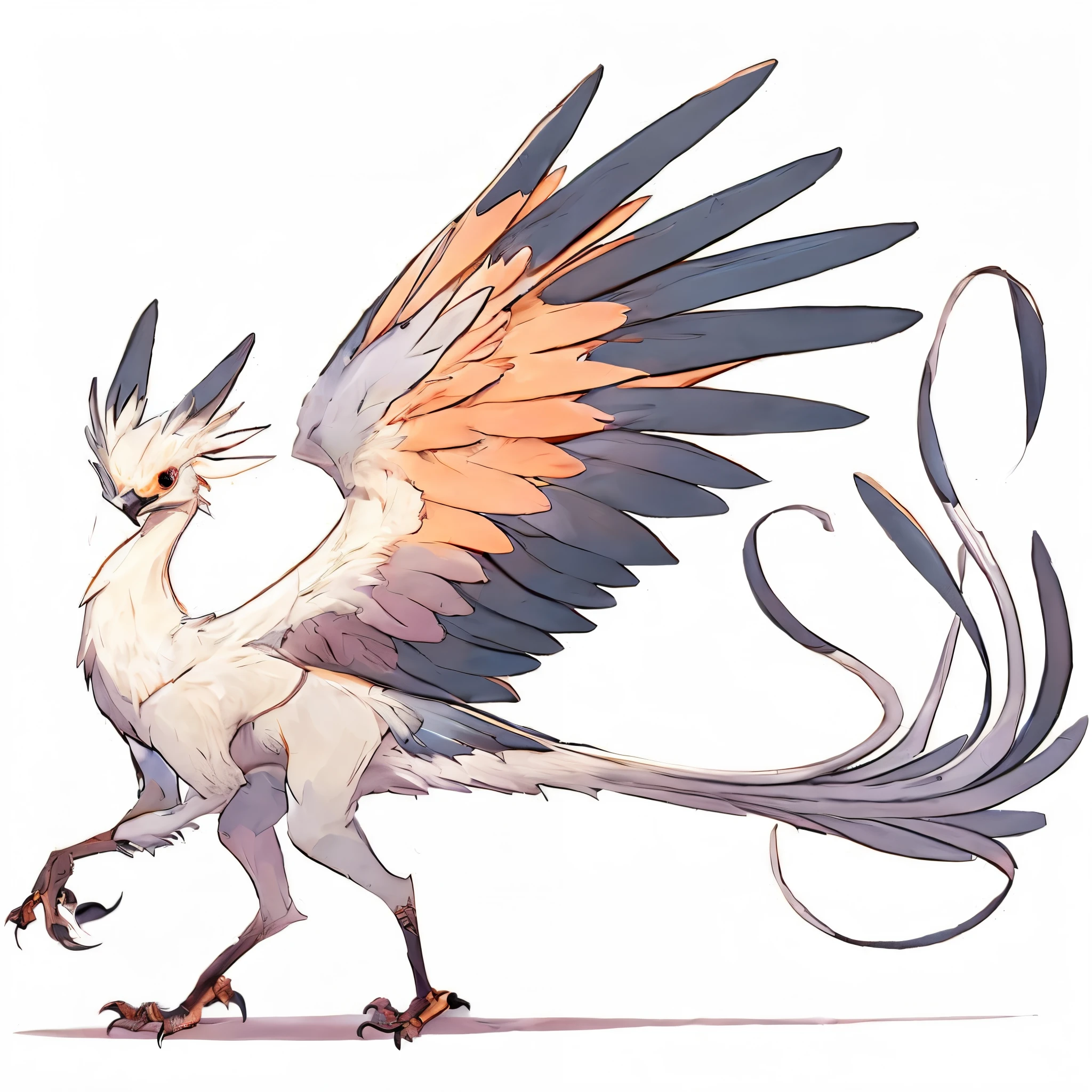 Secretarybird motif Dragon. Full body image. anime style. female. quadrupedal walking. Kentauros style.