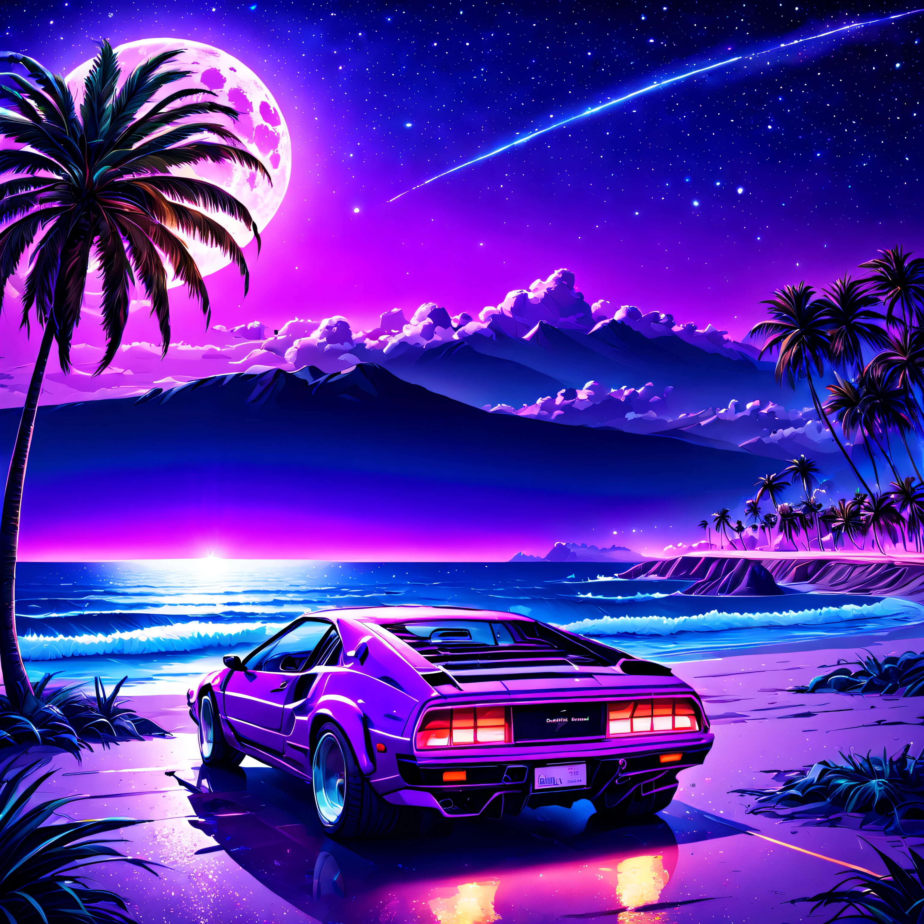 Best quality,masterpiece,ultra high res,car,tree,ground vehicle,palm tree,motor vehicle,no humans,star (sky),vehicle focus,outdoors,sky,water,night,purple sky,starry sky,moon,night sky,scenery,ocean,