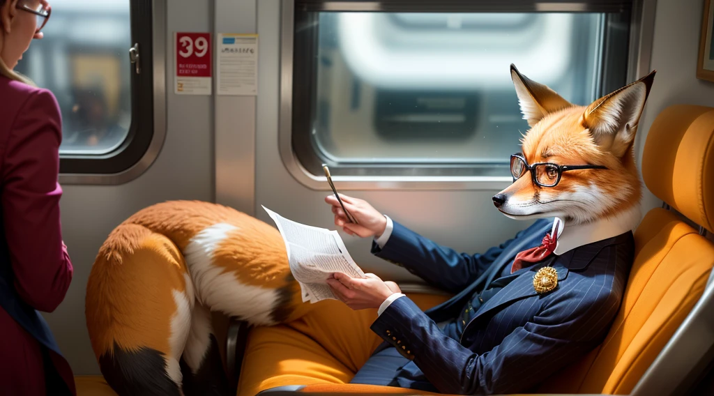 A fox with glasses and a victorian suit reading the news while is traveling on a train