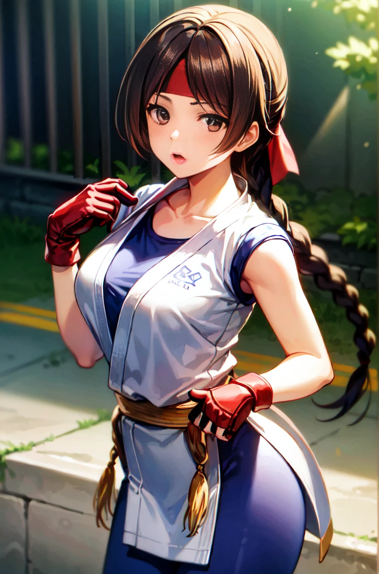 (masterpiece, best quality, high resolution, unity 8k wallpaper, extremely detailed CG:1), (illustration:1.0), 1girl,solo, yurims, headband, dougi, spandex, gloves,