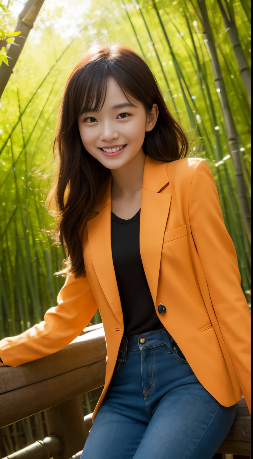 On a vibrant autumn afternoon，Figure 1 is from the highest quality 8K masterpiece.3，Shows a 19 year old girl。She is wearing an orange blazer and skinny jeans，Sitting quietly in the bamboo forest。Sunlight shines through mottled bamboo leaves，A layer of soft light and shadow enveloped her body。Her skin looks fairer in the sun，Contrast with orange blazer。 From this point of view，we can see the girl&#39;of the whole body。She is slim and healthy，This sportswear suits her figure very well，show her energetic image。Her legs spread naturally，Cross your hands at your waist，appear confident and powerful。 That girl&#39;The eyes are bright and determined，smiling and looking into the camera，It seems to be telling a story about struggle and hard work.。Her smile is like the autumn sunshine shining in the bamboo forest，Make people feel the vitality of youth and vitality of life。in this picture，We seem to feel her inner determination and love for life。 Surrounded by dense bamboo forest，Abundant greenery，The river is gurgling，Create dynamic scenes with girls。This scene is like a passionate poem，Telling about the beautiful time in autumn afternoon。