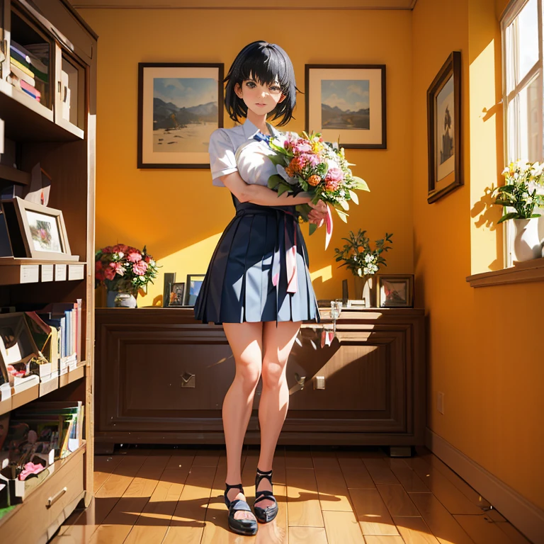 Anime girl holding a bouquet in the room, a hyperrealistic schoolgirl, realistic anime 3 d style, a hyperrealistic schoolgirl, full body portrait of a short!, anime moe art style, Shinkai Makoto style, made with anime painter studio, Realistic Schoolgirl, painted in anime painter studio, By Shinkai Makoto. a digital rendering, Fubuki