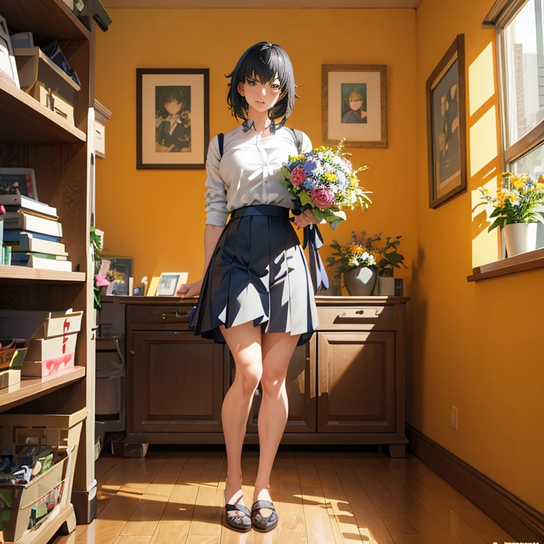 Anime girl holding a bouquet in the room, a hyperrealistic schoolgirl, realistic anime 3 d style, a hyperrealistic schoolgirl, full body portrait of a short!, anime moe art style, Shinkai Makoto style, made with anime painter studio, Realistic Schoolgirl, painted in anime painter studio, By Shinkai Makoto. a digital rendering, Fubuki