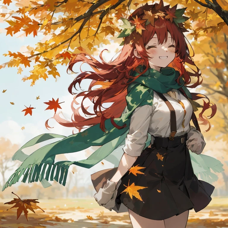 Anime girl with long red hair and green scarf standing in front of a tree, The wind blows the leaves, Goddess of Autumn, in autumn, 🍁 Cute, Leaves with the wind, Covered with fallen leaves, Autumn winds, Beautiful Autumn Spirits, Leaves in the air, Beautiful anime girl, leaves falling, (Anime Girl), in autumn, Season!! : 🌸 ☀ 🍂 ❄