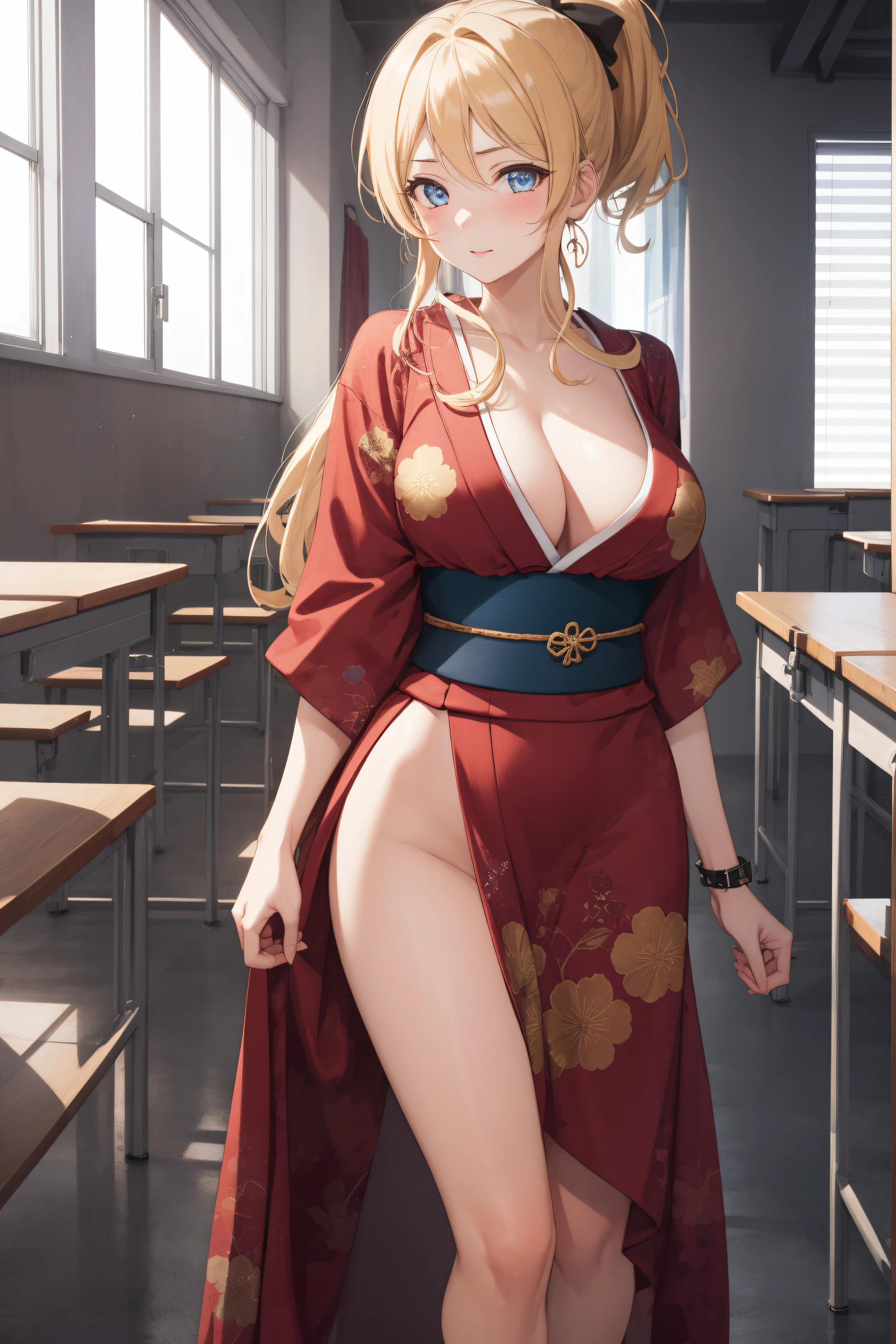 eliayase, eli ayase, yellow hair, blue eyes, ponytail, hair ribbon, medium breast,
BREAK japanese clothes, kimono, my mai tonight, obi, sash,
BREAK looking at viewer,standing,leaning forward, (arms behind back:1.2), pov, nsfw, provocative, nervous, embarrassed, blushing,
BREAK indoors, classroom, 
BREAK (masterpiece:1.2), best quality, high resolution, unity 8k wallpaper,NSFW ,(illustration:0.8), (beautiful detailed eyes:1.6), extremely detailed face, perfect lighting, extremely detailed CG, (perfect hands, perfect anatomy),