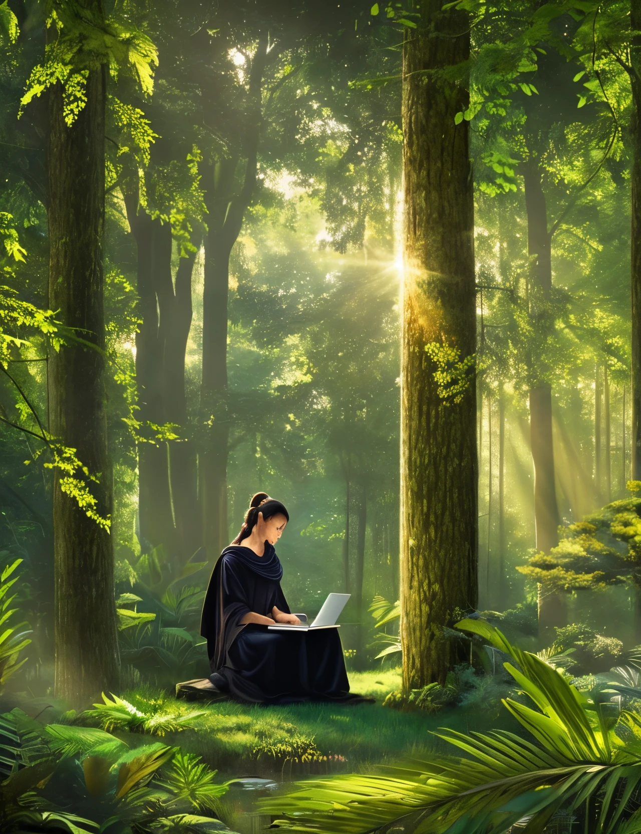 Create an illustration depicting a serene and tranquil scene within a dense forest. In the clearing, a figure dressed in black attire is seated cross-legged in a state of meditation, surrounded by lush trees and a calming ambiance. The individual is engrossed in using a laptop placed on a small makeshift desk in front of them, blending modern technology with the natural setting. The dappled sunlight filters through the foliage, casting gentle rays onto the scene. This portrayal should convey a harmonious balance between technological engagement and the peaceful --auto --s2