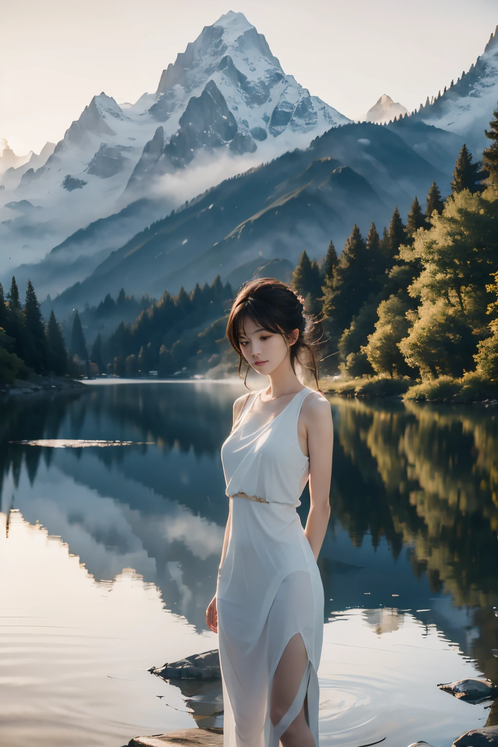 girl,lakeside,painting,waterfront,serene,peaceful,tranquil,reflection,mountains,sunrise,beautiful,harmonious,nature,scenery,colorful,ethereal,fantasy,soft brushstrokes,dreamlike,impressionistic,blurred edges,vibrant colors,crisp details,subtle lighting,hazy atmosphere,calm,solitude,silhouette,warm hues,relaxation,meditation,serenity