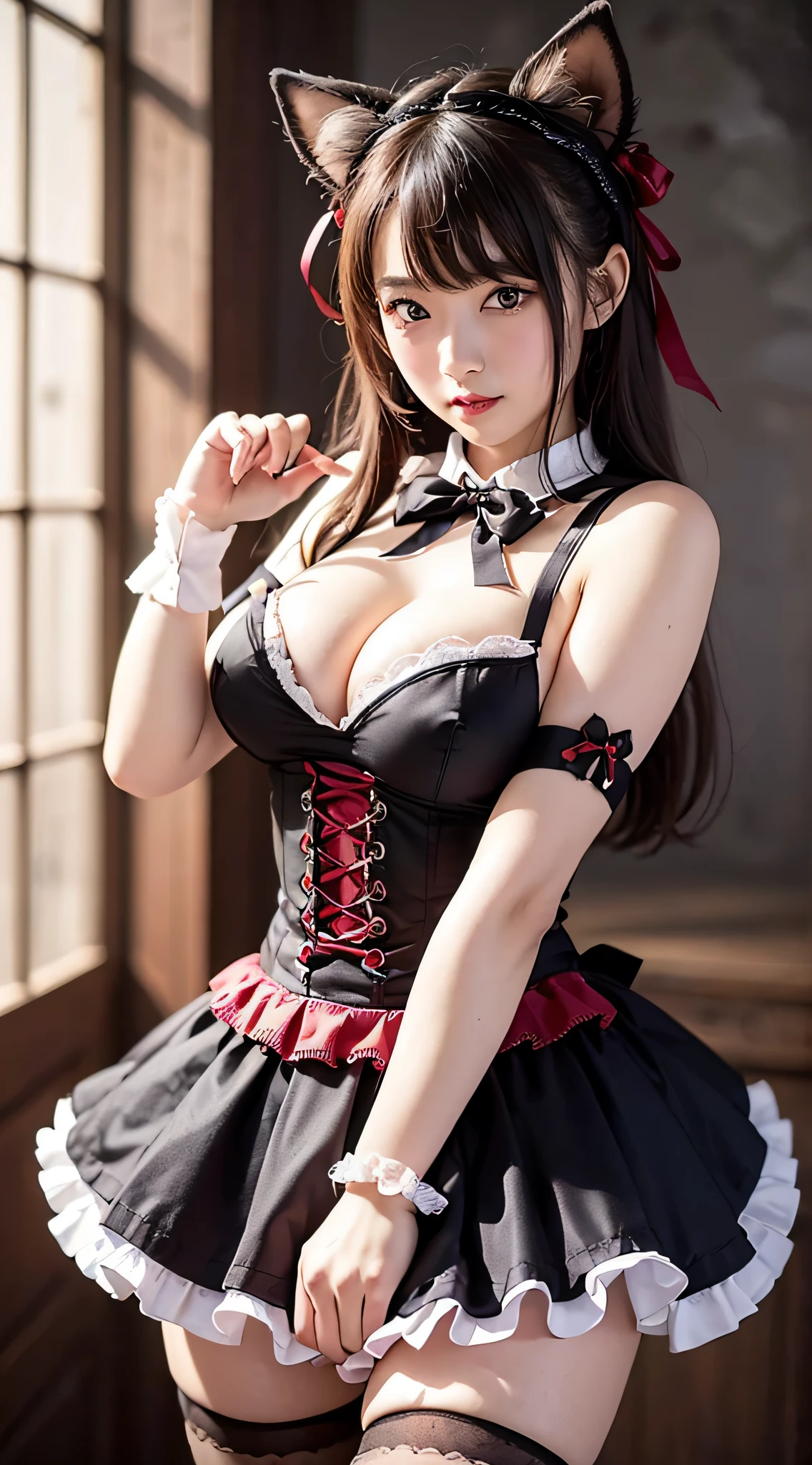 (a closeup:1.4)、(RAW shooting:1.2)、(Photorealsitic:1.4)、(masterpiece:1.3)、(top-quality:1.4)、one girls、(Slender and beautiful girl)、kawaii、(middlebreast:1.2)、(cleavage of the breast)、(erectile nipple:1.2)、(FULL BODYSHOT)、in 8K、(masutepiece:1.2)、(bow ribbon、flered skirt、knee high socks:1.3)、Look at viewers、blush、ribbon bondage、(beautifull hands)、(beautiful thigh)、(Twin-tailed:1.2)、(gothic lorita:1.3)、Cute、old castle、