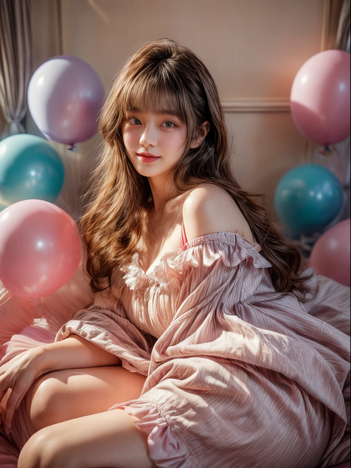 masterpiece、8K、32K、top-quality、(A detailed eye)、(A cute Japanese woman、bangss)、23years old、1 girl in、elegent、(Detailed background depiction、portlate:1.2)、Onepiece、(amazing view、happy birthday、Colorful balloons:1.3)、Sit up、cowboy shot、ssmile、(giant decoration cake:1.2)