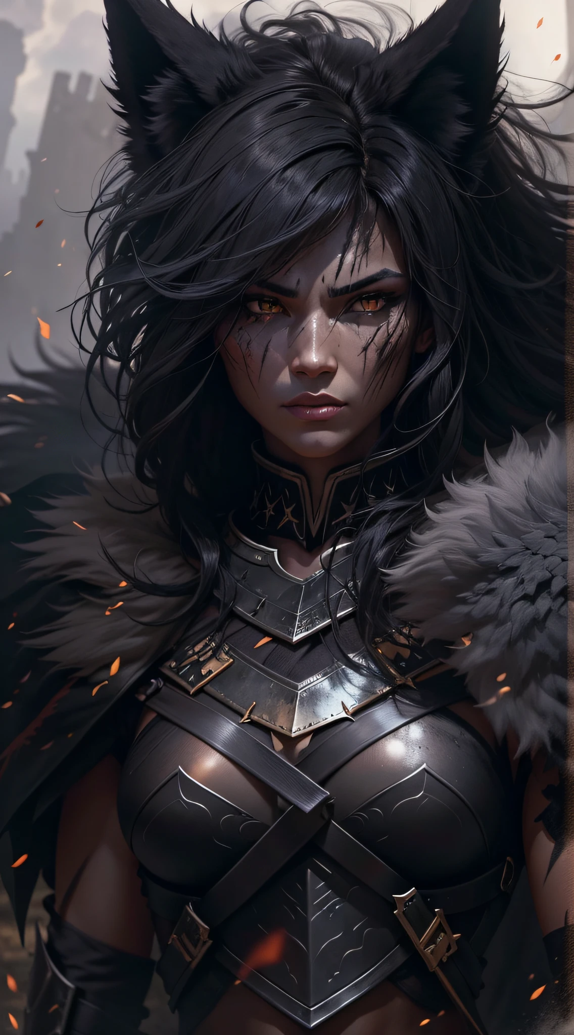 Black Wolf Woman, Strong, fearsome, wolf ears, in armor, Post-fight, there is restalis around, Ultra-detailed, deep scar on face, hyper realisitc, Masterpiece, Doubleexposure, looks strictly into the distance, funeral pyres and smoke on the horizon, gloomy oppressive atmosphere