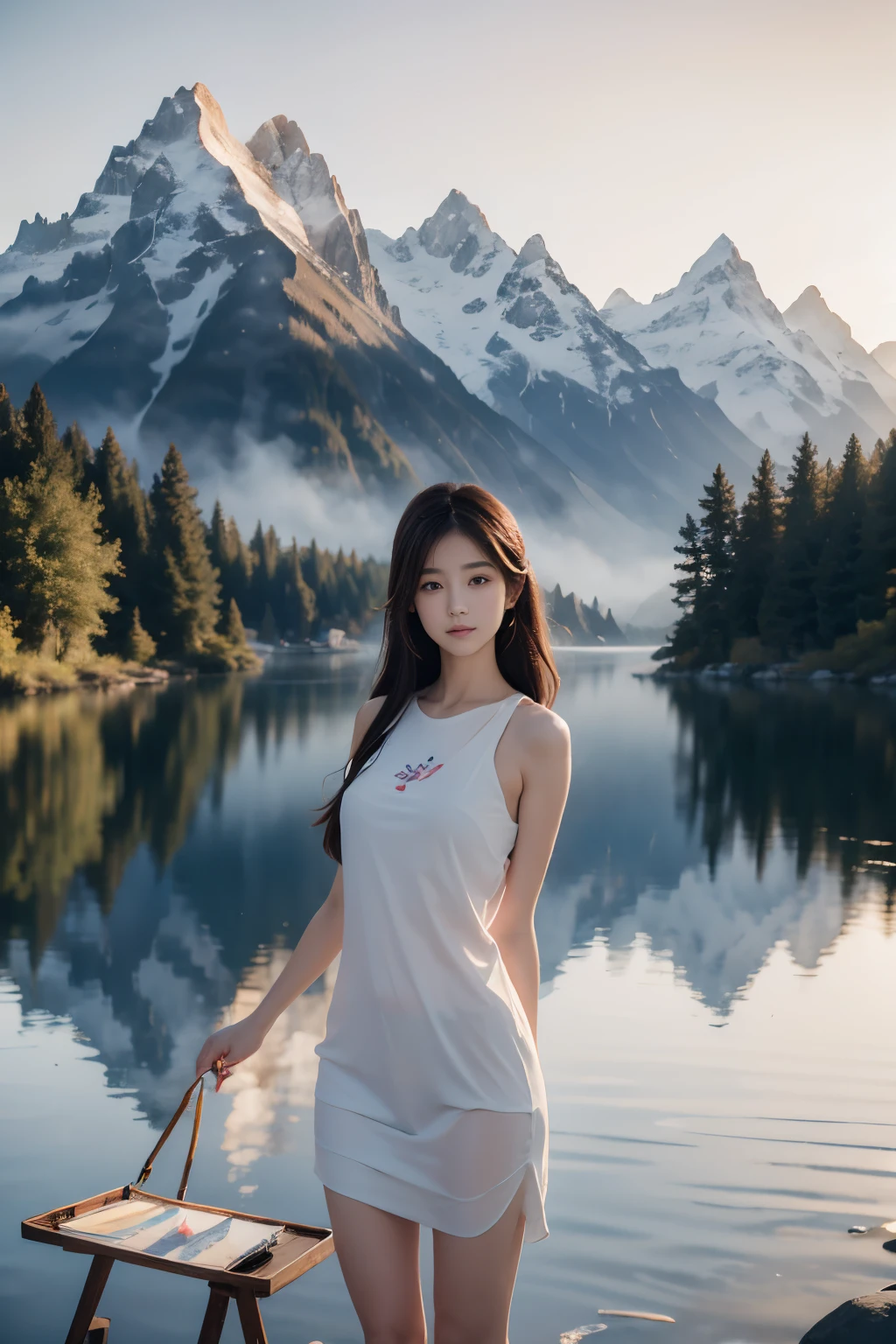 a beauty girl，brunette color hair，Outdoor big mountains，standing on your feet，Spread your legs，nedium breasts，Naked，dewpoint，8K maximum resolution，realisticlying，Slim，Peeing