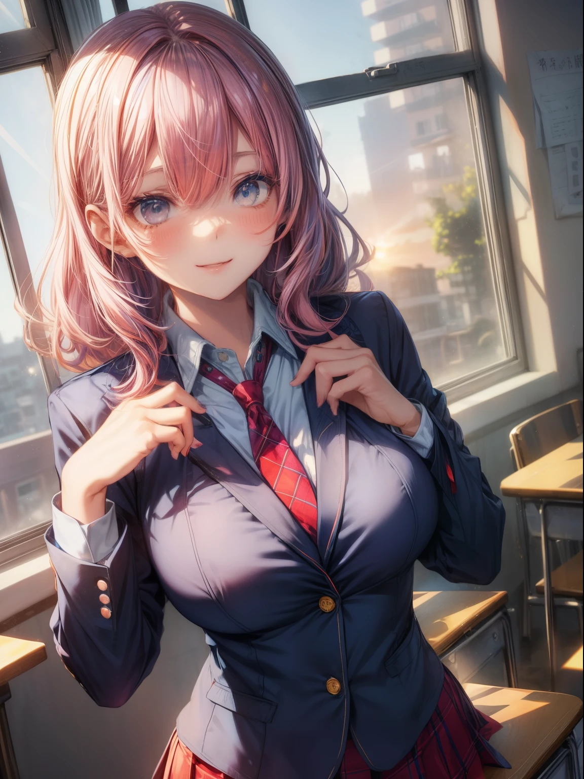top-quality、Full limbs、complete fingers、one beautiful women、Beautiful Large Breasts、poneyTail、Pink hair、((Navy blue blazer:1.3))、White Y-shirt、The second button of the shirt is open、loose red tie、Red plaid miniskirt、A big smile、schools、Classroom、Sunset through the window、Naughty Poses