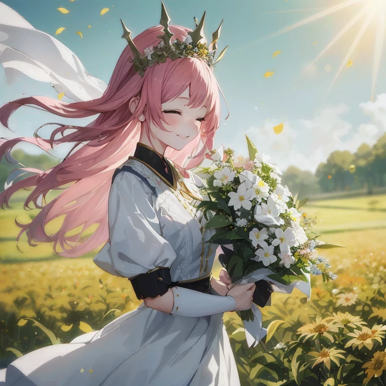 Anime girl with pink hair and a crown with a bouquet of flowers, guweiz on pixiv artstation, artwork in the style of guweiz, guweiz on artstation pixiv, guweiz, smiling as a queen of fairies, the non-binary deity of spring, She has a crown of flowers, flower queen