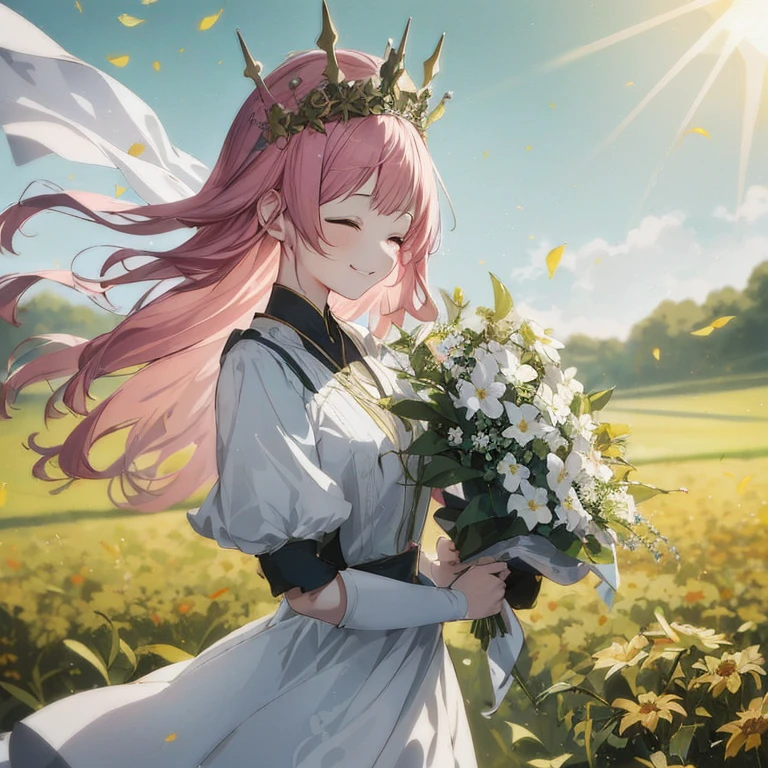 Anime girl with pink hair and a crown with a bouquet of flowers, guweiz on pixiv artstation, artwork in the style of guweiz, guweiz on artstation pixiv, guweiz, smiling as a queen of fairies, the non-binary deity of spring, She has a crown of flowers, flower queen