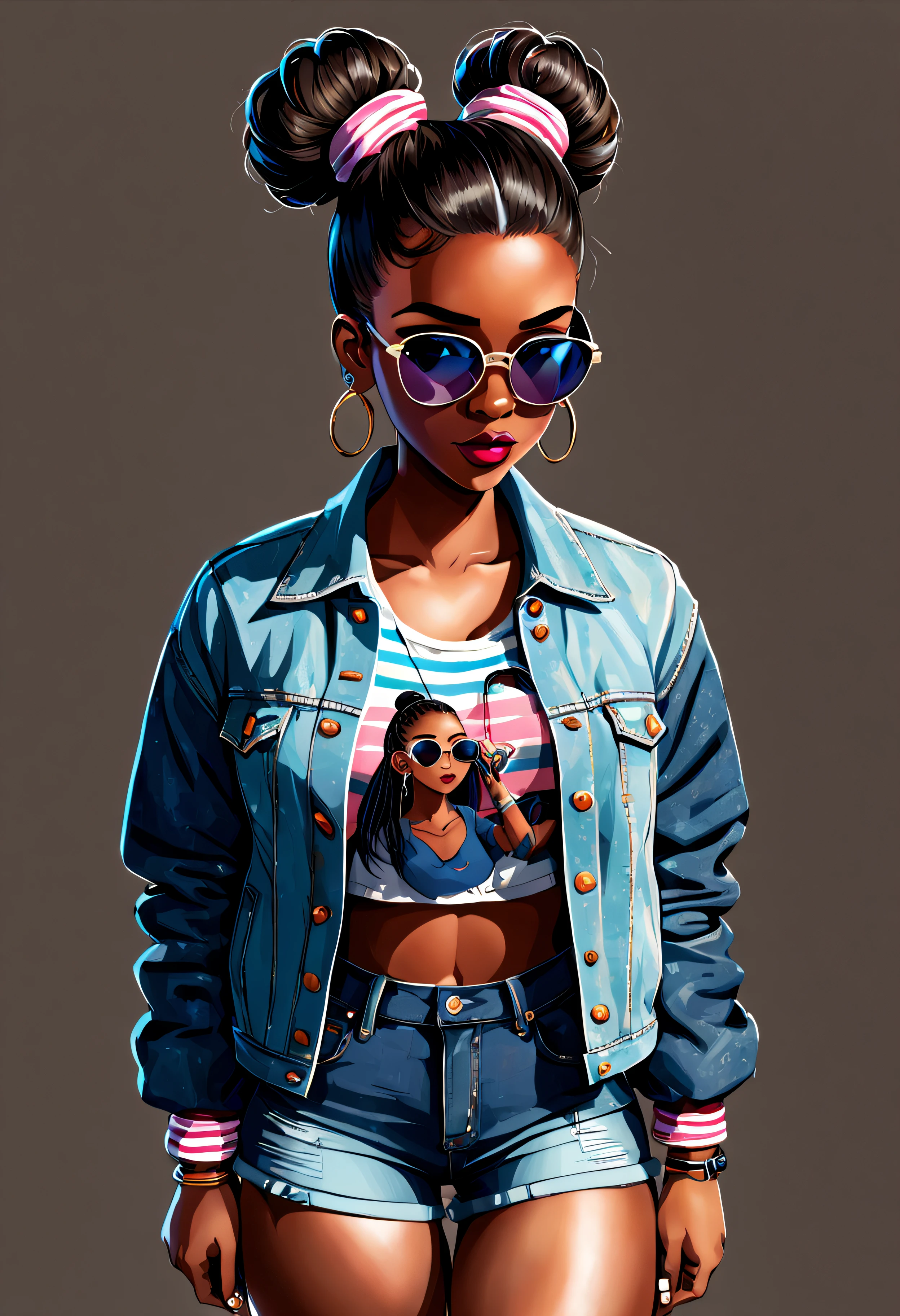 Wave Art Style,  1girl,  black hair,  bracelet,  clothes writing,  dark skin,  dark-skinned female,  denim,  denim jacket,  denim shorts,  double bun,  earrings,  glasses,  hair bun,  hair ornament,  hair stick,  hairpin,  hoop earrings,  jacket,  jacket on shoulders,  jewelry,  lips,  nose,  print shirt,  realistic,  ring,  shirt,  short shorts,  shorts,  sitting,  socks,  solo,  striped socks,  sunglasses,  very dark skin,  watch,  wristwatch,