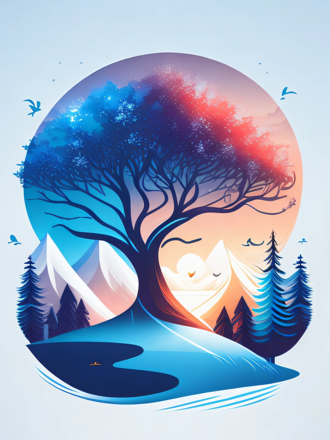 a spruice tree in a winter landscape, tshirt design, rzminjourney, vector-art