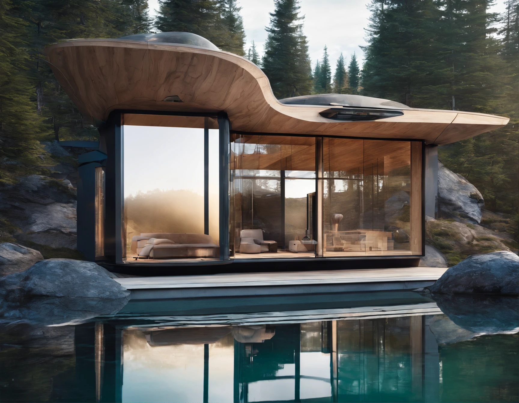 Exterior image of a tiny house house in a Scandinavian nature, (((standing wood and glass mirror panels))), avantgarde, sci-fi, science fiction, waterfall, panorama glass windows, forests, waterfall inside atrium, rocks, futuristic, floating, modern, solar panel roof, natural pond of water,