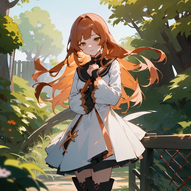 A woman standing in front of a fence wearing a white dress and black boots, Cute anime waifu in a nice dress, Ayaka Genshin Impact, marin kitagawa fanart, Trending on ArtStation pixiv, guweiz on pixiv artstation, Anime Girl with Long Hair, High quality anime art style, Copper-haired maiden