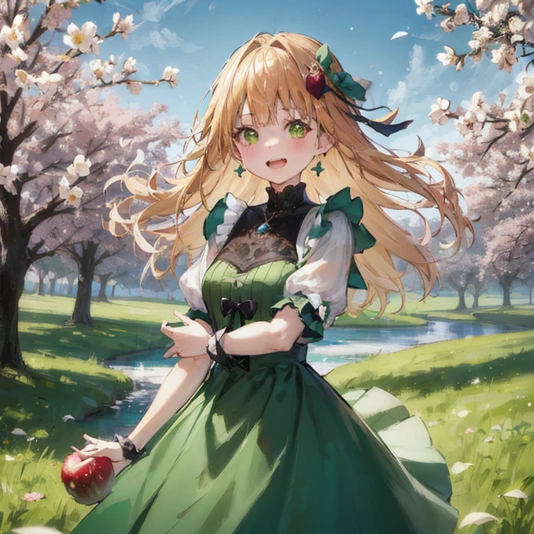 Anime girl in a green dress holding an apple in the park, render of april, official artwork, guweiz on pixiv artstation, Rin, Cute anime waifu in a nice dress, Official art, cushart krenz key art feminine, Trending on ArtStation pixiv, splash art anime ****, **** in dress