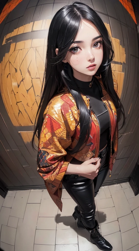 (((8k wallpaper of extremely detailed CG unit:1.2, ​masterpiece, hight resolution:1.2, top-quality:1.2, masutepiece))), ((a very beautiful woman, Hands in pockets:1.8, Grunge Fashion:1.2, Wearing a blouson:1.2, Wearing black leather pants, Wearing boots)), ((extra detailed face, Highly detailed black eyes:1.2, extra detailed body, Top quality real texture skins)), (A dark-haired, length hair, de pele branca, Small), ((colorful geometric pattern wall, Colorful wall)), (high-angle, Fisheye:1.3), hyper realisitic, digitial painting,