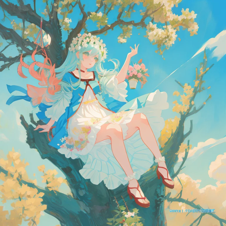 Anime girl sitting on tree branch with flowers in hair, guweiz on pixiv artstation, Cute anime waifu in a nice dress, guweiz on artstation pixiv, cushart krenz key art feminine, Trending on ArtStation pixiv, High quality anime art style, guweiz, Rin, Official art, high quality anime art