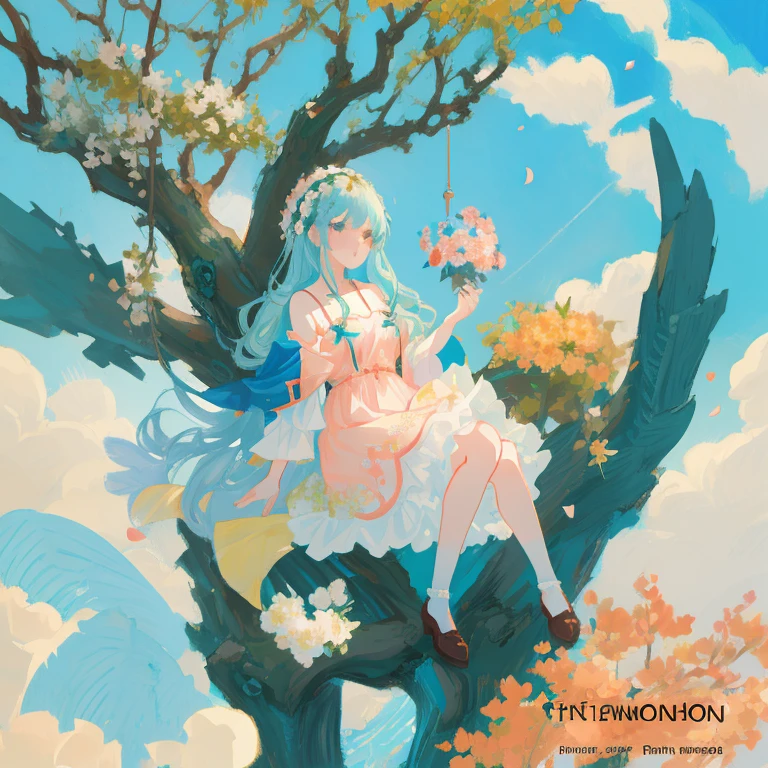 Anime girl sitting on tree branch with flowers in hair, guweiz on pixiv artstation, Cute anime waifu in a nice dress, guweiz on artstation pixiv, cushart krenz key art feminine, Trending on ArtStation pixiv, High quality anime art style, guweiz, Rin, Official art, high quality anime art
