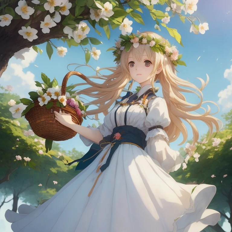 Anime girl with flower basket in hand, guweiz on pixiv artstation, cushart krenz key art feminine, li in dress, guweiz on artstation pixiv, Official art, Trending on ArtStation pixiv, official artwork, Violet Evergarden, render of april, guweiz, marisa kirisame