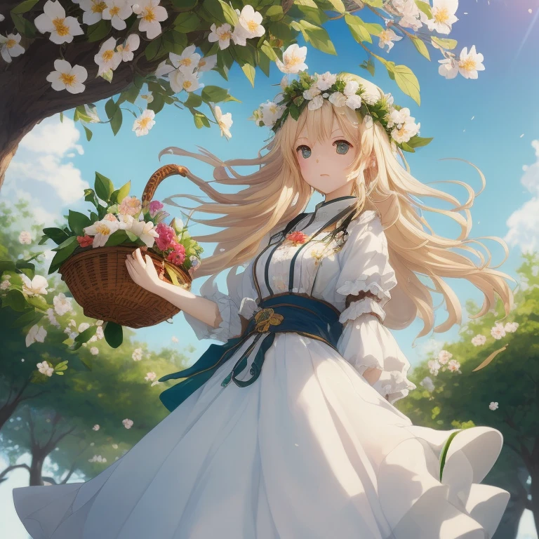 Anime girl with flower basket in hand, guweiz on pixiv artstation, cushart krenz key art feminine, loli in dress, guweiz on artstation pixiv, Official art, Trending on ArtStation pixiv, official artwork, Violet Evergarden, render of april, guweiz, marisa kirisame